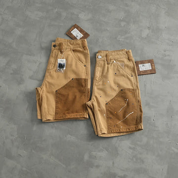 Aidase 100% Cotton Spray Painted Distressed Workwear Shorts for Men Summer American Casual Color Blocking Patchwork Half Pants Youth aidase-shop